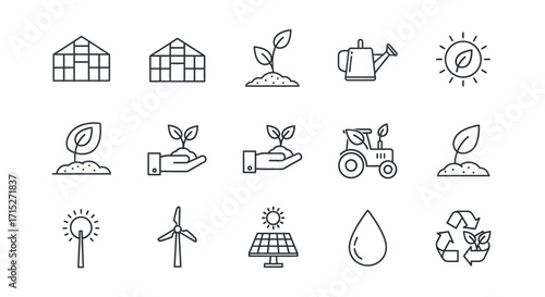 A collection of hand-drawn outline icons representing agriculture, ecology, and sustainable green energy concepts.