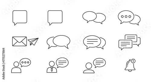 A collection of minimalist black outline icons for communication, chat, messaging, and user notifications.