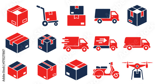 A collection of red and black delivery and logistics icons, featuring trucks, boxes, a drone, and a scooter in a flat, graphic style.