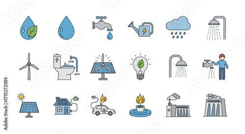 A colorful hand-drawn icon set representing ecology, renewable energy, and water conservation concepts.