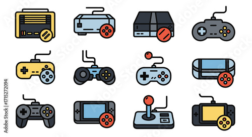 A colorful icon set of retro and modern video game consoles and controllers. Filled-line vector illustrations of gaming hardware with status symbols.