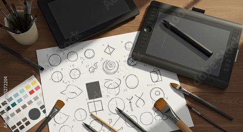 Creative Workspace of a Digital Artist with Sketches and Tools