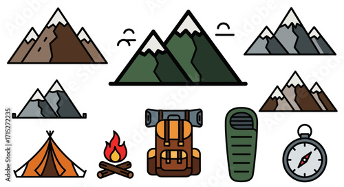 A colorful set of flat design icons for camping and hiking, featuring mountains, a tent, a campfire, a backpack, a sleeping bag, and a compass.