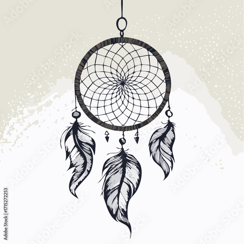 boho dreamcatcher charcoal sketch with feather and bead grain contrasts