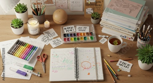 Creative Workspace: Open Notebook, Watercolor Palette, and Succulents on Wooden Desk