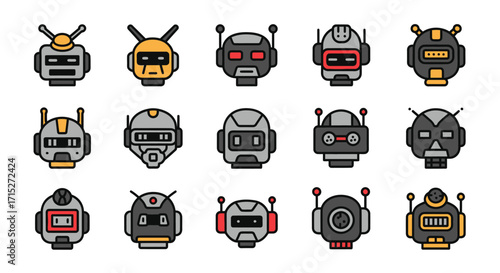 A diverse collection of colorful, stylized robot head icons with thick black outlines, featuring various antennas and expressive visors.