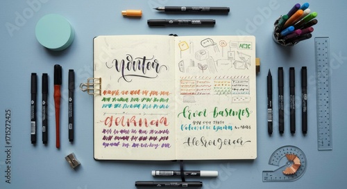 Creative Workspace with Bullet Journal, Calligraphy, and Art Supplies