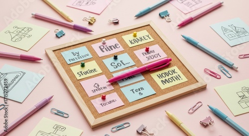 Creative Workspace with Corkboard, Sticky Notes, and Colorful Stationery
