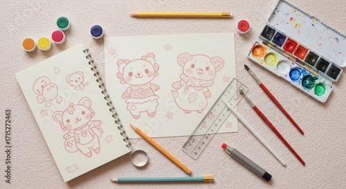 Creative Workspace with Cute Kawaii Bear Drawings and Art Supplies