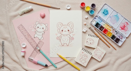 Creative Workspace with Cute Kawaii Character Drawing and Watercolor Art Supplies