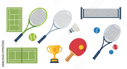 A flat vector illustration set of racket sports equipment including tennis, badminton, and table tennis gear.