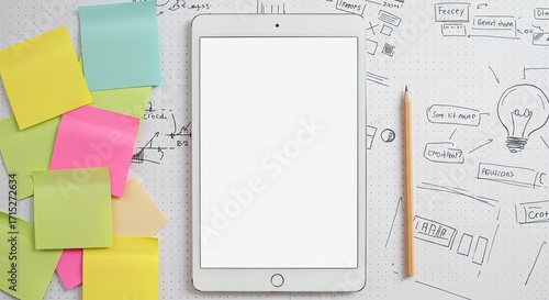 Creative Workspace with Tablet Mockup for Brainstorming and Planning