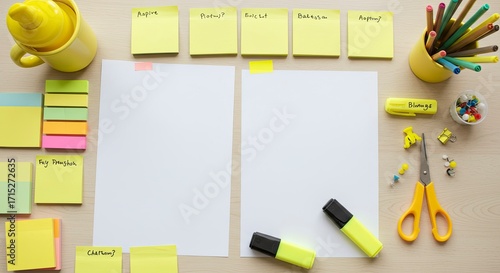 Creative Workspace with Sticky Notes and Blank Paper for Brainstorming