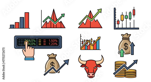 A set of colorful cartoon-style financial icons, including charts, graphs, a bull, and money, symbolizing stock market growth and investment success.