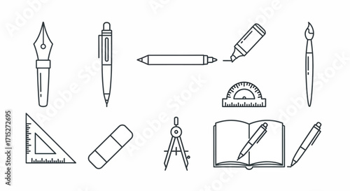 A set of hand-drawn, black and white line art icons featuring various school and office supplies.