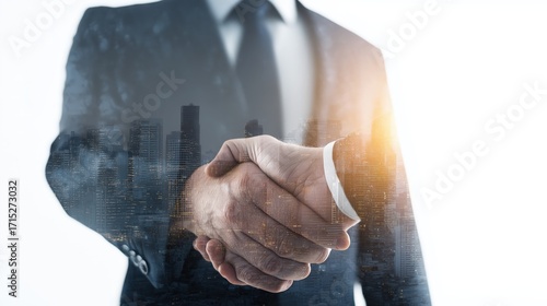 A confident business handshake symbolizes partnership and trust in a modern corporate environment.