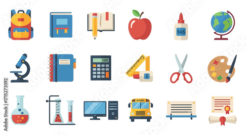 Assortment of Colorful School Supplies and Educational Icons.