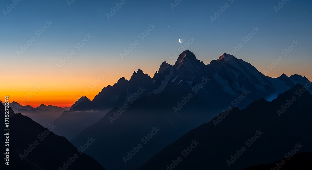Obraz premium Crescent Moon Over Mountain Peaks at Sunset.