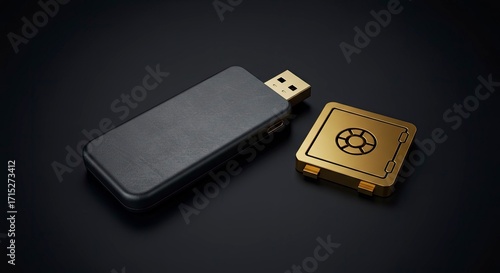 Cybersecurity Concept with USB Flash Drive and Golden Safe