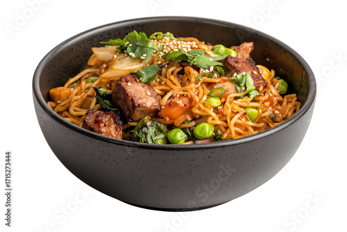 A bowl of delicious stir-fried noodles with vegetables and meat on a white background.