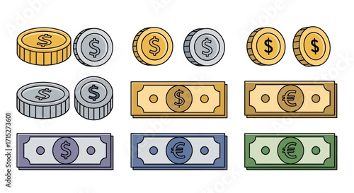 Cartoon Style Money Collection - Coins and Bills with Dollar and Euro Symbols.