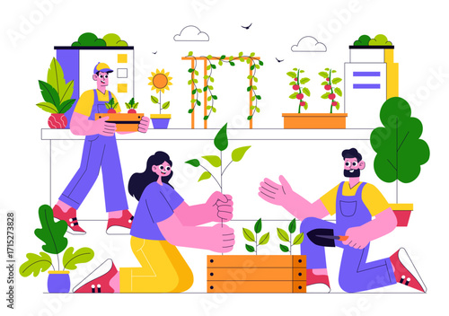 Urban Farming Rooftop Garden Vector Illustration Featuring Eco Agriculture Gardening on the Roof with Growing Plants and Cultivation of Nature