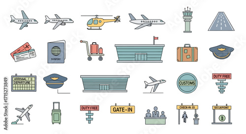 Collection of Airport and Travel Related Icons Featuring Aircraft and Terminals.