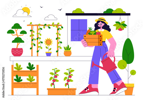Urban Farming Rooftop Garden Vector Illustration Featuring Eco Agriculture Gardening on the Roof with Growing Plants and Cultivation of Nature