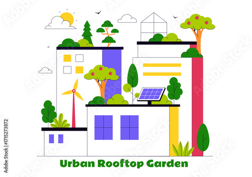 Urban Farming Rooftop Garden Vector Illustration Featuring Eco Agriculture Gardening on the Roof with Growing Plants and Cultivation of Nature