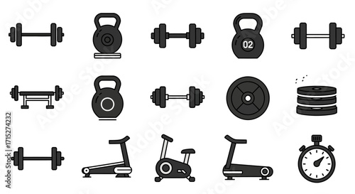 Collection of black silhouette gym equipment icons, including dumbbells, kettlebells, barbells, and fitness machines.