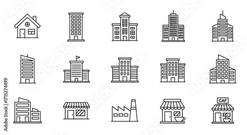 Collection of Building Line Art Icons - Houses, Skyscrapers, Factories, and Shops.