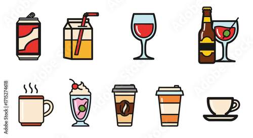 Collection of Colorful Drink and Beverage Icons in a Flat Line Art Style.