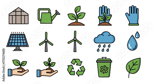 Collection of colorful environmental icons - greenhouse, watering can, plant, solar panel, wind turbine, rain, recycling, and leaf.