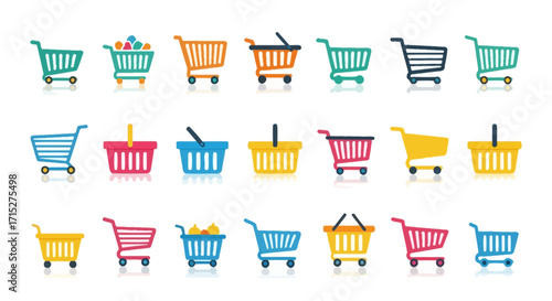 Collection of Colorful Shopping Carts and Baskets in Various Designs and Styles.