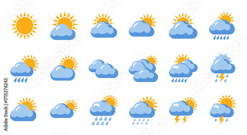 Collection of Diverse Weather Icons Featuring Sun, Clouds, and Precipitation.