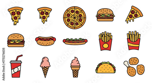Collection of Fast Food Icons - Pizza, Burgers, Fries, and More.