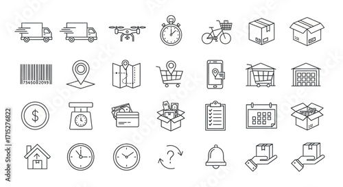 Collection of Hand-Drawn Outline Icons Representing Logistics and Delivery Services.