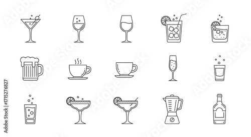 Collection of Hand-Drawn Line Art Icons Representing Various Beverages and Barware.