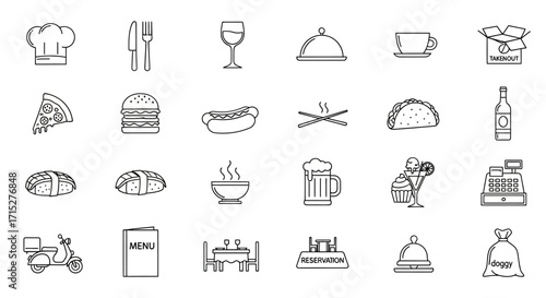 Collection of Hand-Drawn Restaurant and Food Icons in Black and White Outlines.
