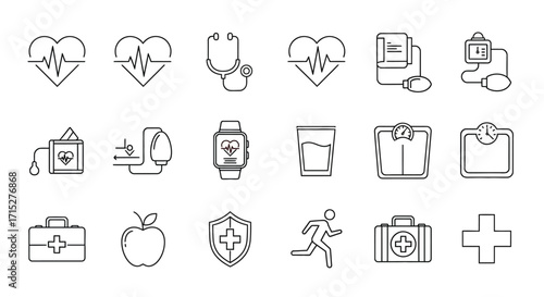 Collection of Health and Medical Line Icons - Heartbeat, Stethoscope, Blood Pressure, First Aid, Wellness Symbols.
