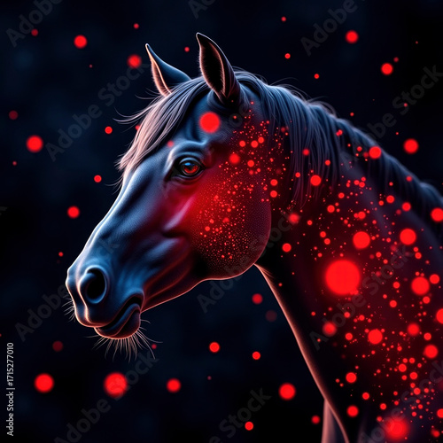 Dark red horse portrait on black background. Symbol of 2026 Year of the Fire Horse. Red snow.