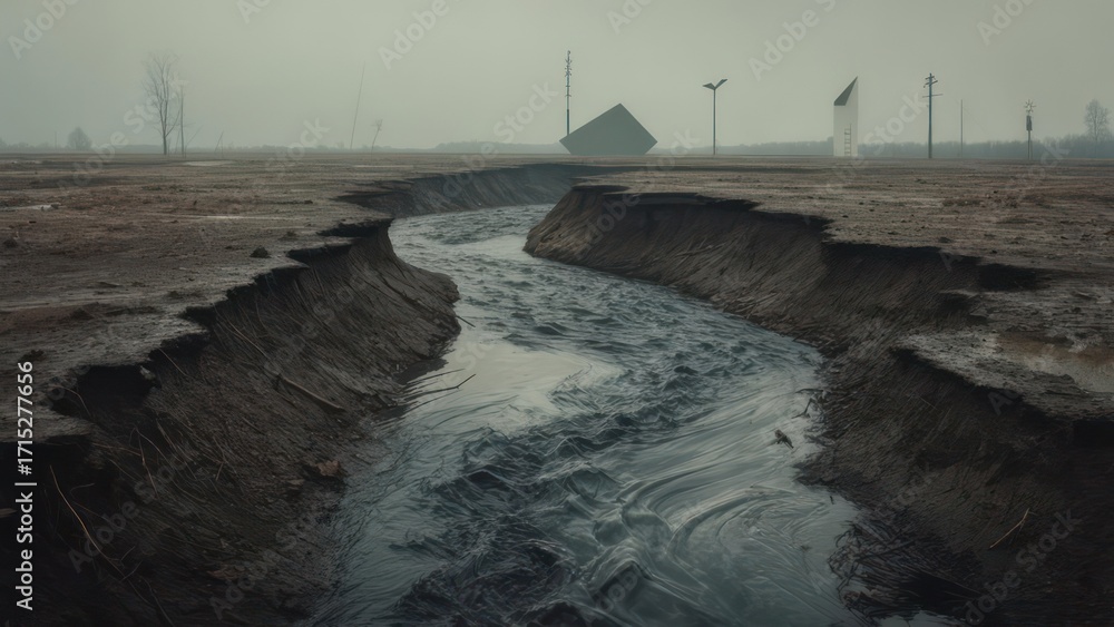 Fototapeta premium A muddy stream flows through a ravaged landscape, marked by eroded banks and a muted, overcast sky