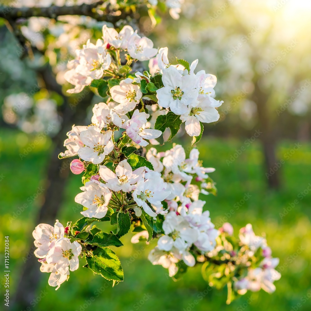 Fototapeta premium Blossoming apple tree branches in sunlight