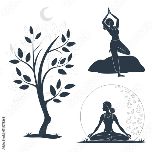 “Calm yoga and meditation silhouette set: lotus pose, tree pose, seated meditation, balance and serenity icons for wellness, spa, mindful living, retreat branding, health lifestyle design”