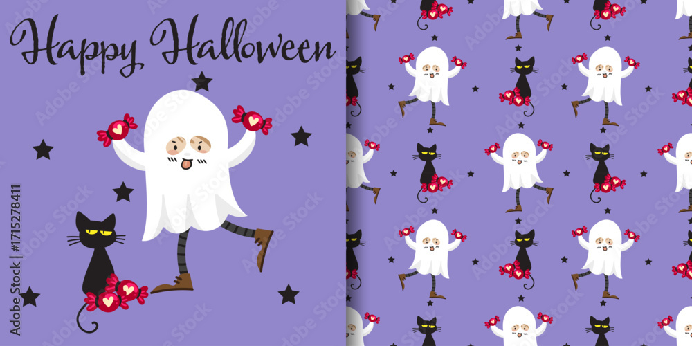 Obraz premium Halloween banner and seamless pattern. Little girl in ghost costume holding red candies, Happy Halloween text black cat and black stars on purple background.