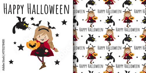 Halloween banner and seamless pattern. Little girl in Vampire costume with red cloak and bat headband holding Halloween pumpkin, black cat with bat wings, Happy Halloween text and stars