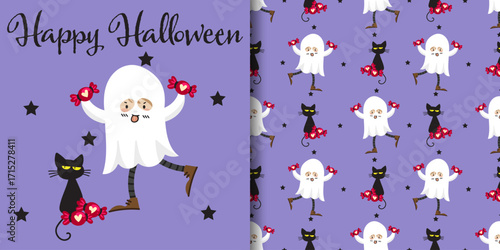 Halloween banner and seamless pattern. Little girl in ghost costume holding red candies, Happy Halloween text black cat and black stars on purple background.
