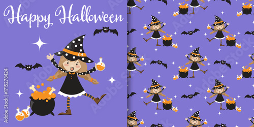 Halloween banner and seamless pattern of young witch holding magic potion with cauldron, bats, stars and Happy Halloween text on purple background.