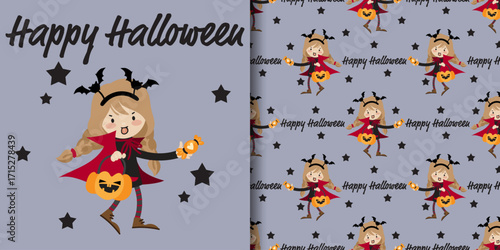 Halloween banner and seamless pattern. Girl in Vampire costume with red cloak and bat headband holding a basket of Halloween pumpkins and candy with stars and Happy Halloween text on gray background.