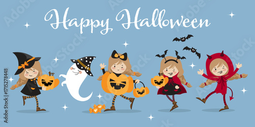 Little girl in Halloween costumes, collection of girl in witch, ghost, devil, Halloween pumpkin and vampire costumes with cute ghost, bats, stars and candies. and Happy Halloween text.